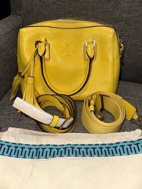 Tory Burch Lemon Yellow Pebbled Leather Satchel with Tassel